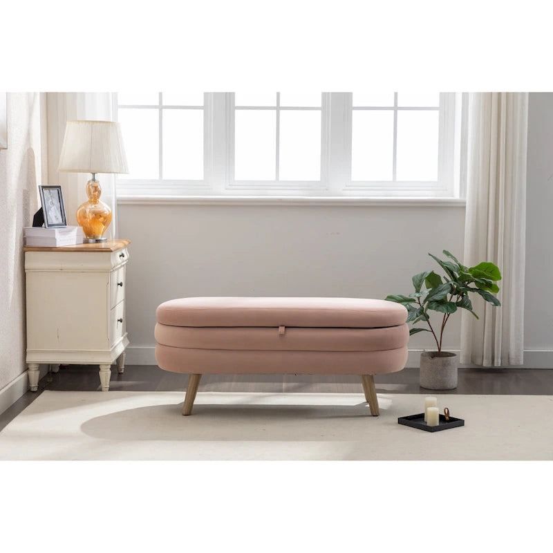 Velvet Upholstered Storage Bench with Wooden Legs