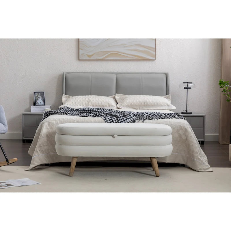 Velvet Upholstered Storage Bench with Wooden Legs