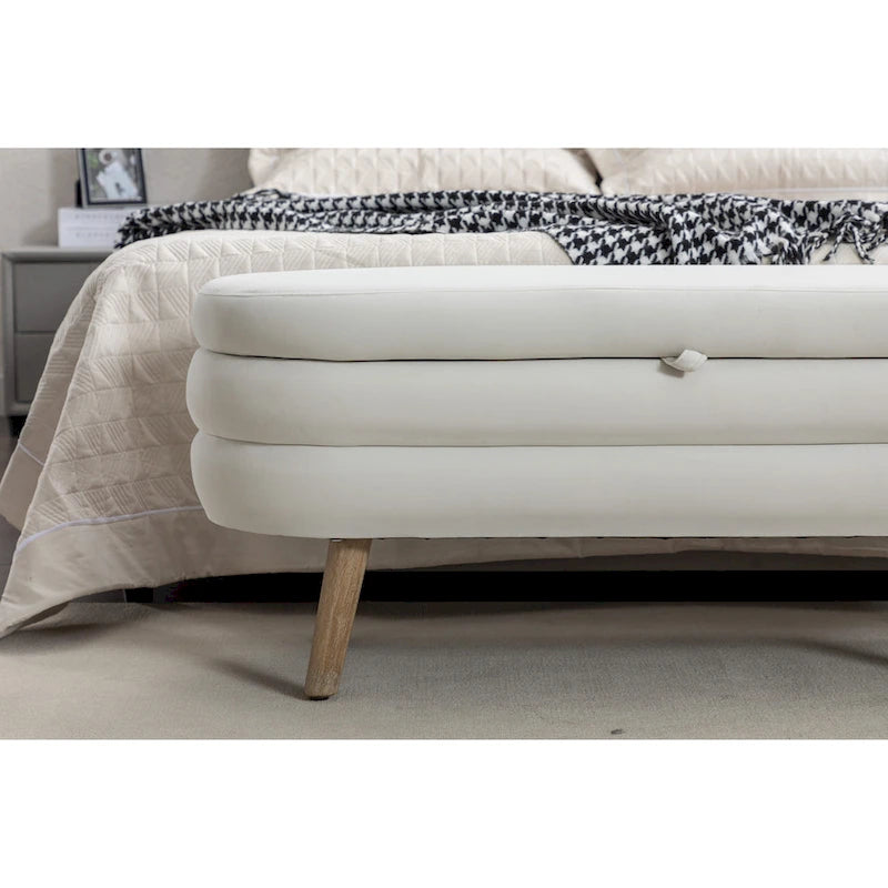 Velvet Upholstered Storage Bench with Wooden Legs