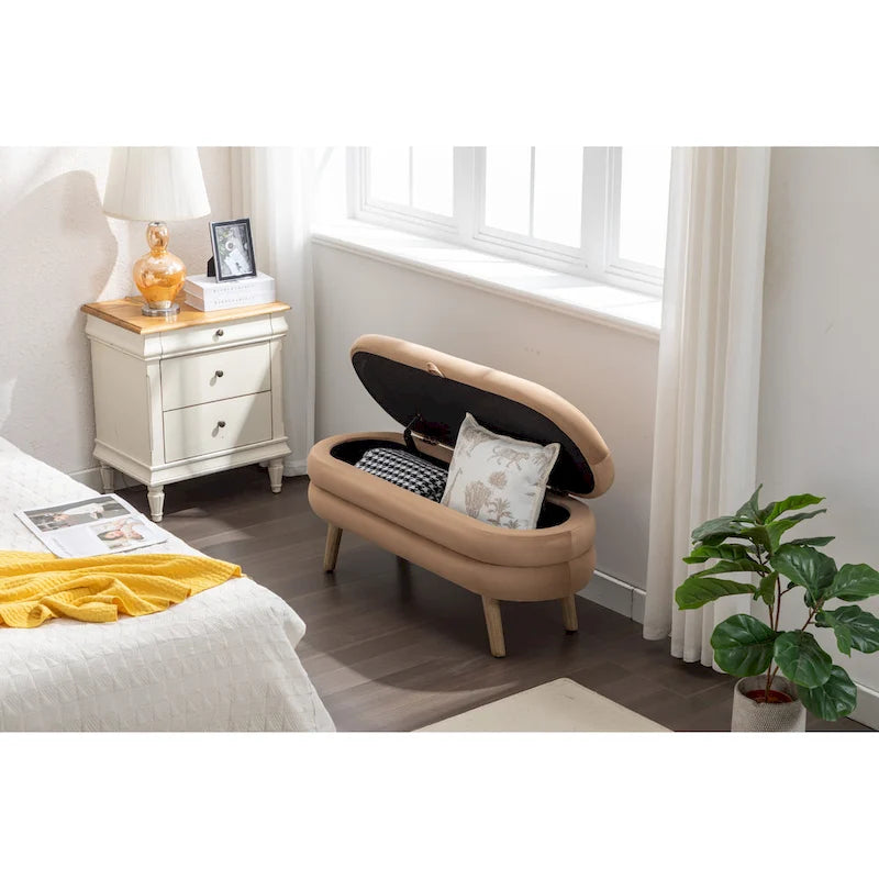 Velvet Upholstered Storage Bench with Wooden Legs