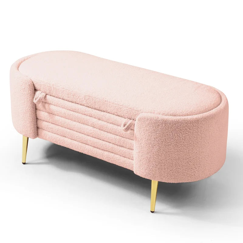 Oval Sherpa Upholstered Storage Bench with Split Lift-Top