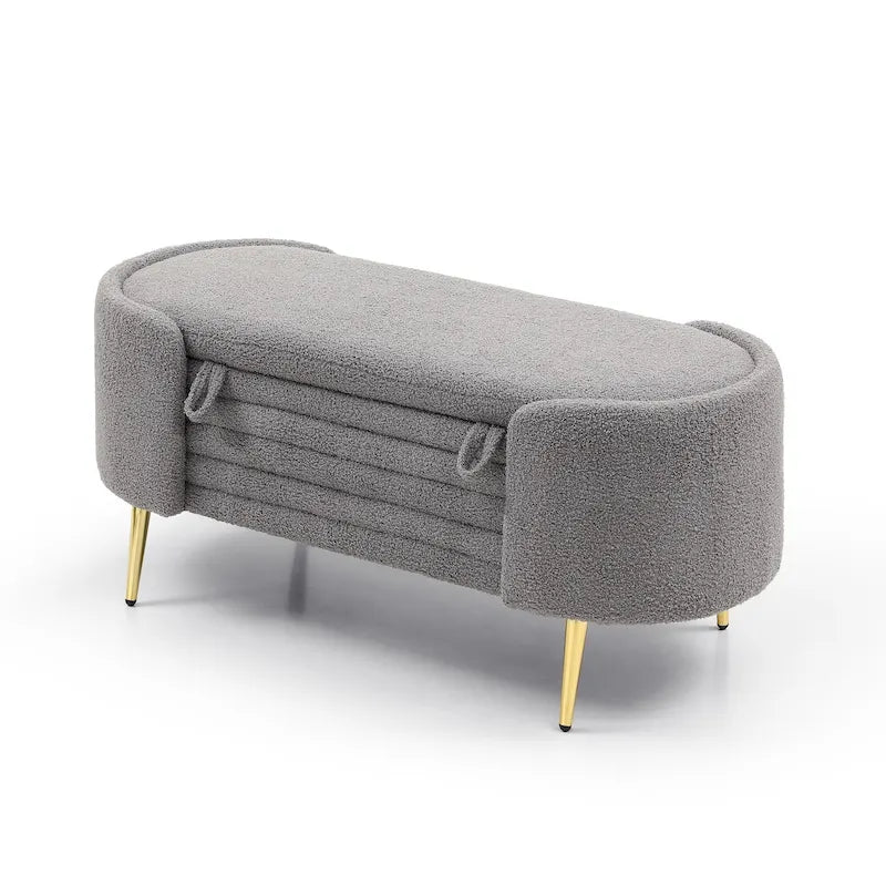 Oval Sherpa Upholstered Storage Bench with Split Lift-Top