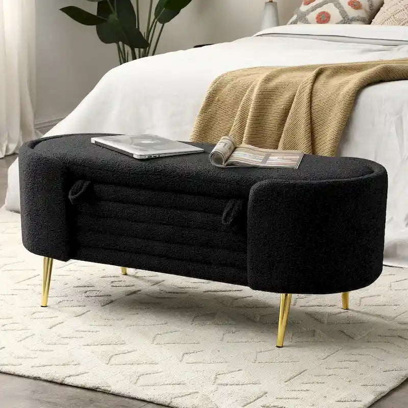Oval Sherpa Upholstered Storage Bench with Split Lift-Top