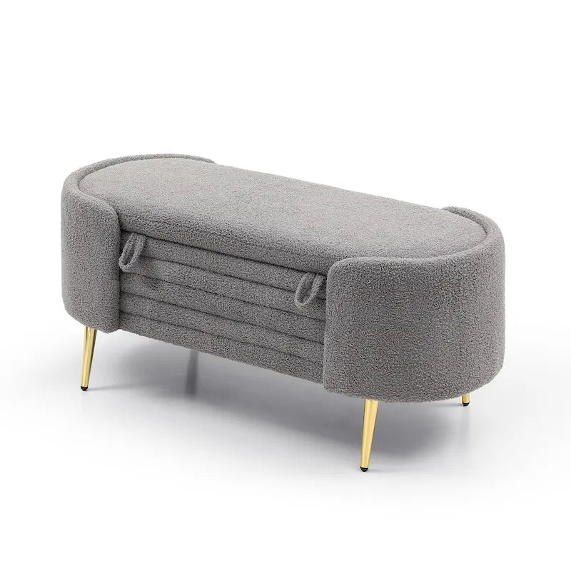 Oval Sherpa Upholstered Storage Bench with Split Lift-Top