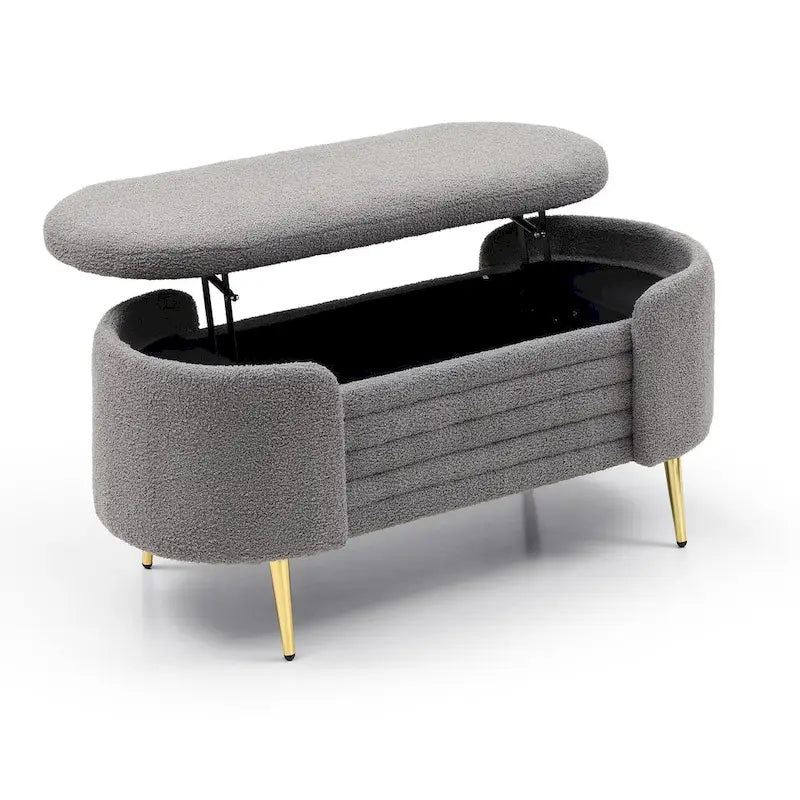 Oval Sherpa Upholstered Storage Bench with Split Lift-Top