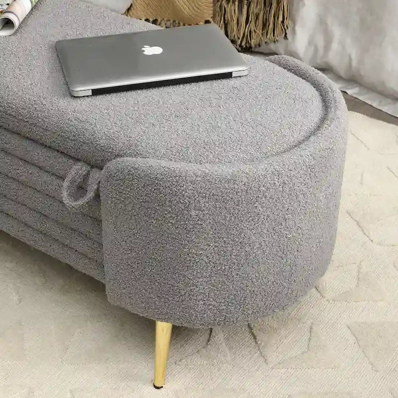 Oval Sherpa Upholstered Storage Bench with Split Lift-Top