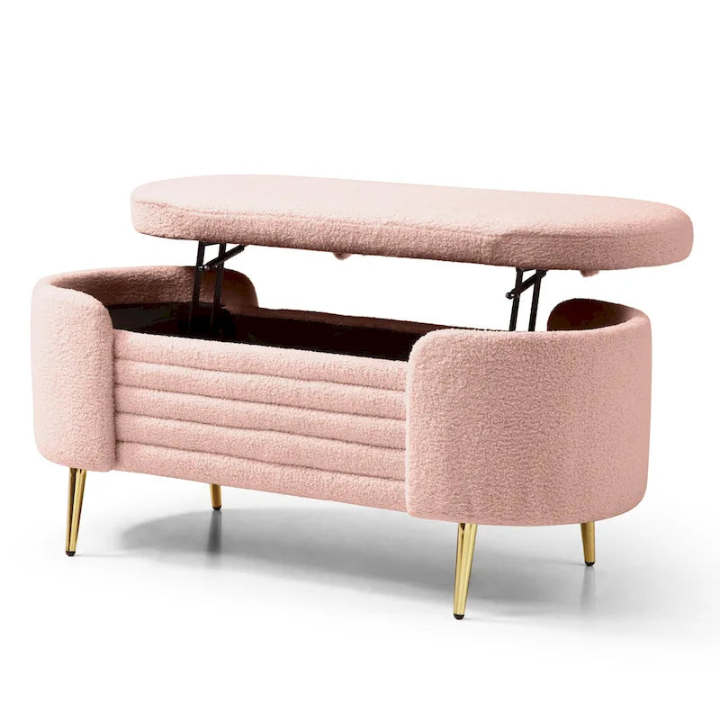Oval Sherpa Upholstered Storage Bench with Split Lift-Top