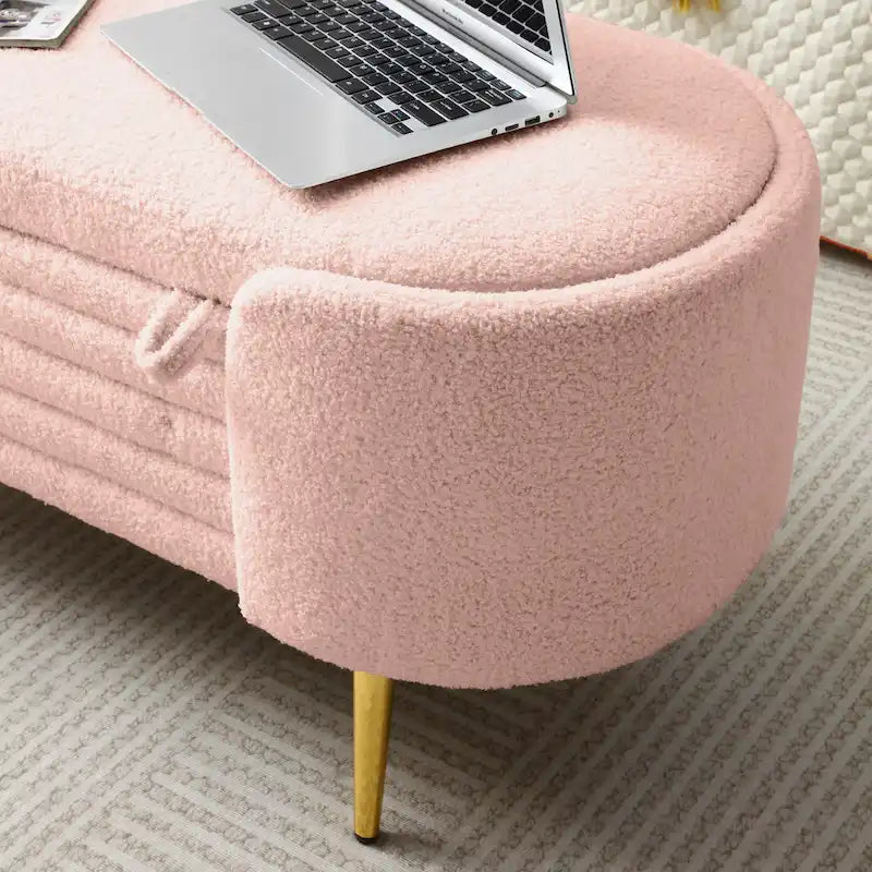 Oval Sherpa Upholstered Storage Bench with Split Lift-Top