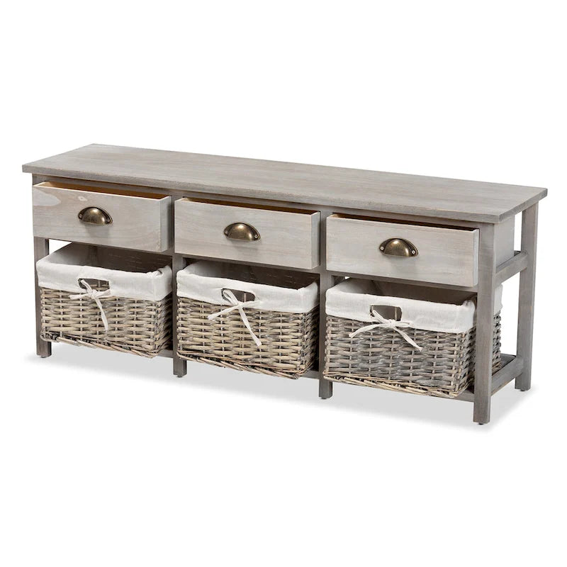 Modern 3-Drawer Wood Storage Bench with Wicker Baskets