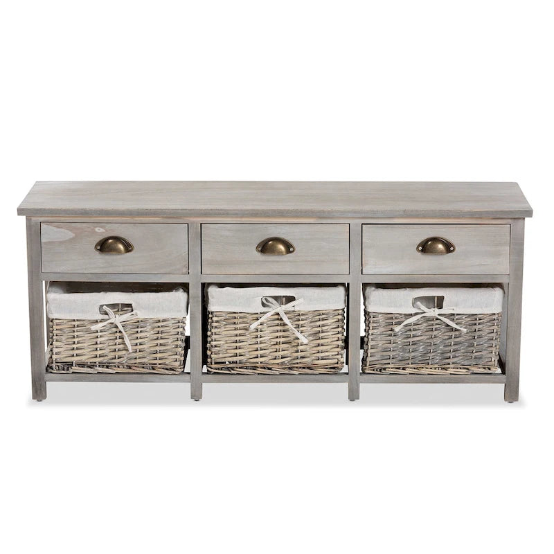 Modern 3-Drawer Wood Storage Bench with Wicker Baskets