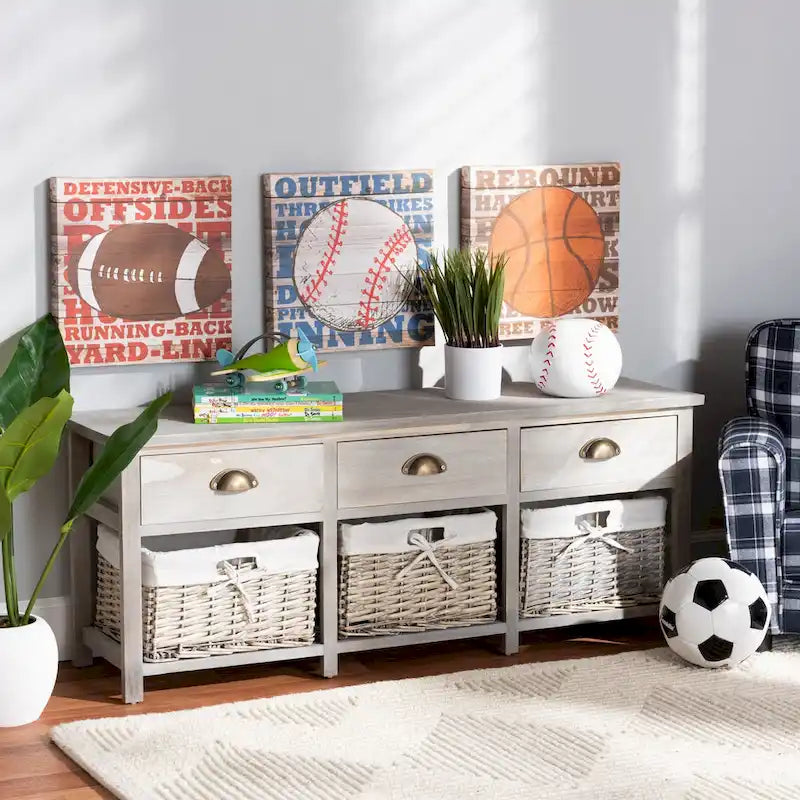 Modern 3-Drawer Wood Storage Bench with Wicker Baskets