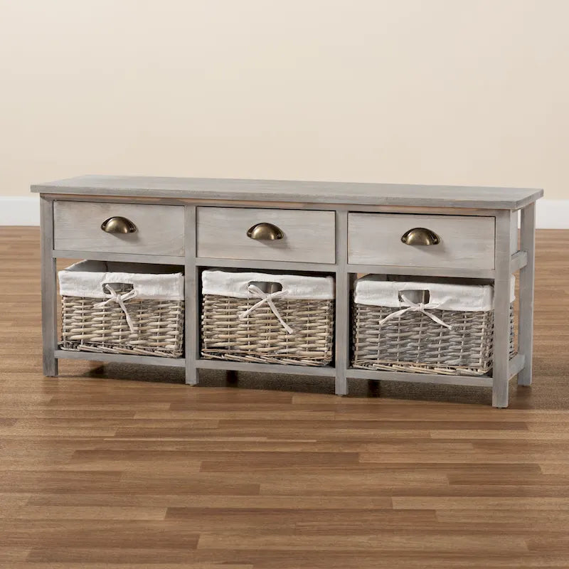 Modern 3-Drawer Wood Storage Bench with Wicker Baskets