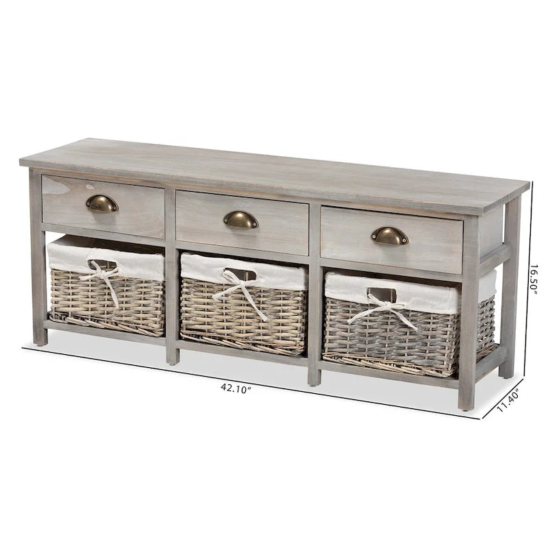 Modern 3-Drawer Wood Storage Bench with Wicker Baskets