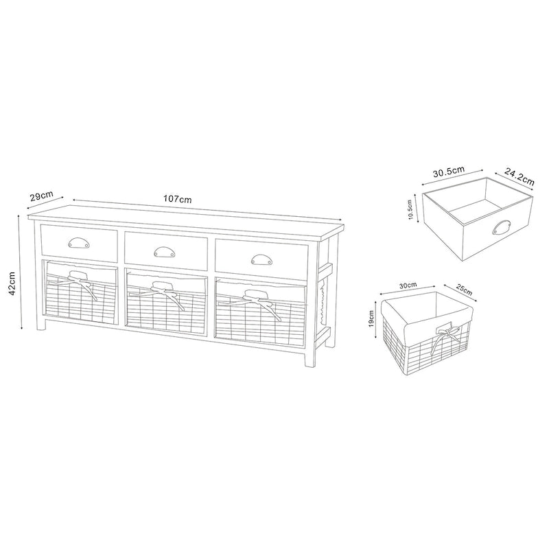 Modern 3-Drawer Wood Storage Bench with Wicker Baskets