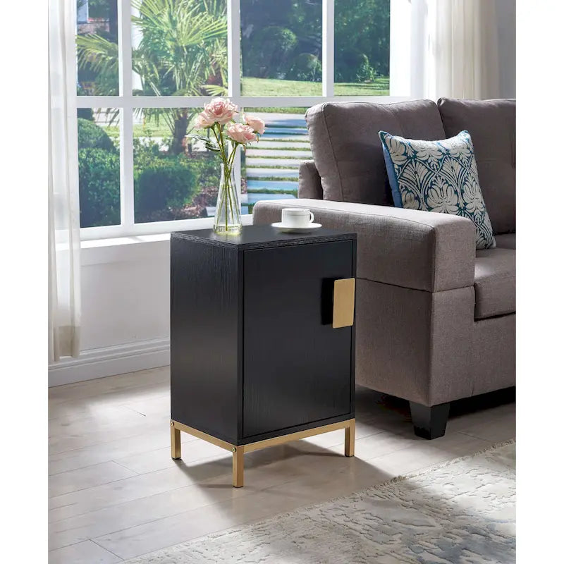 Elegant Side Cabinet with Oak Black Finish and Gold Metal Legs