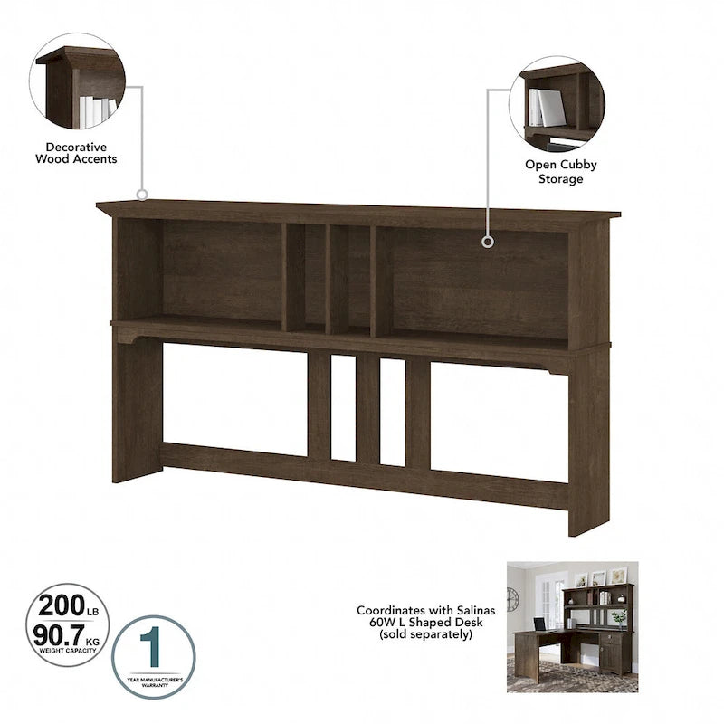 60-Inch Wood Desk Hutch with Open Storage