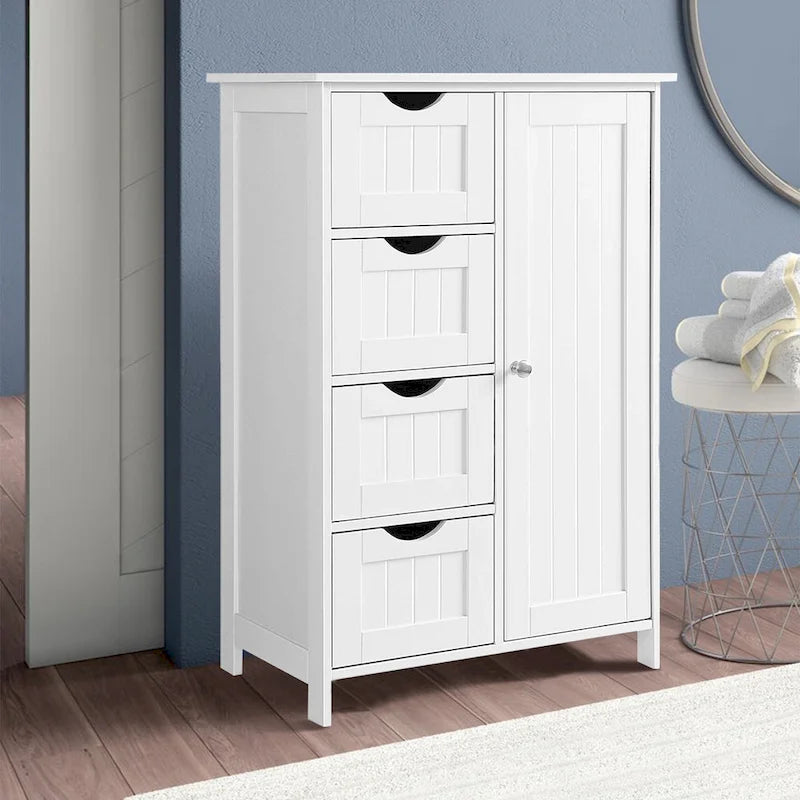 White Bathroom Storage Cabinet with Adjustable Shelf and Drawers