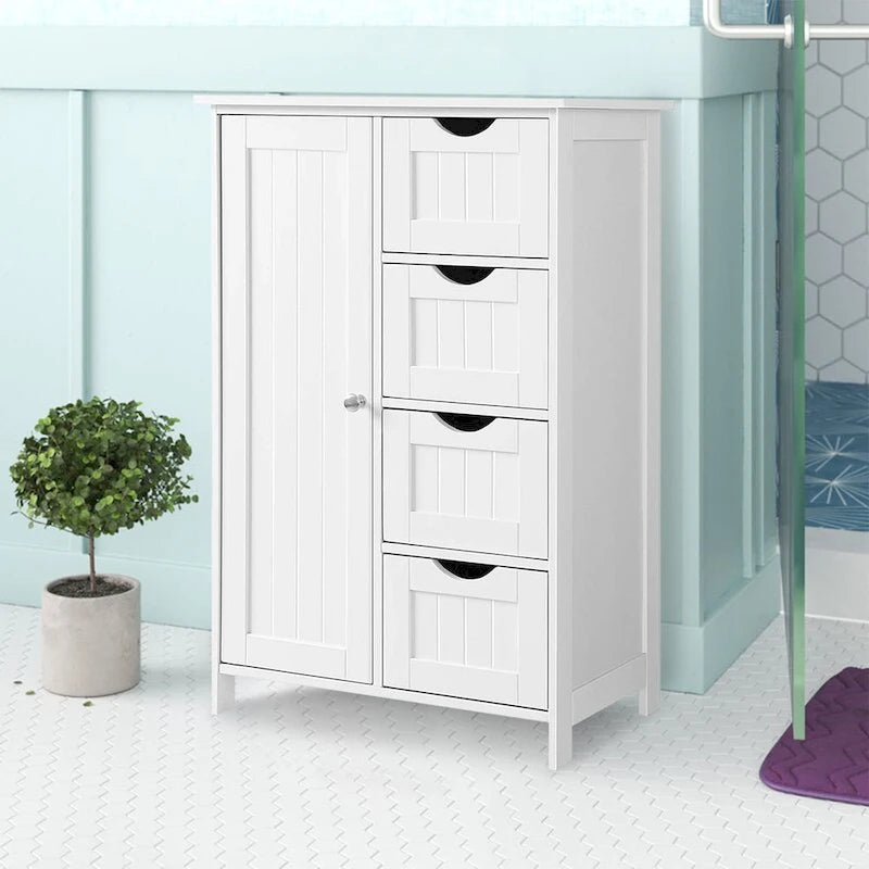 White Bathroom Storage Cabinet with 4 Drawers and Adjustable Shelf