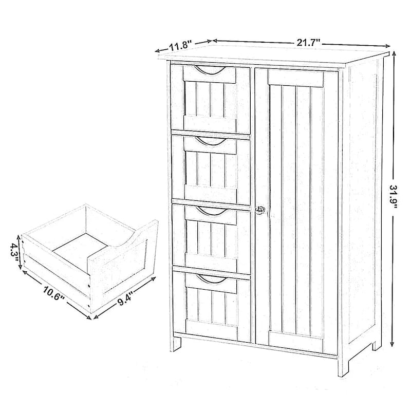 White Bathroom Storage Cabinet with 4 Drawers and Adjustable Shelf