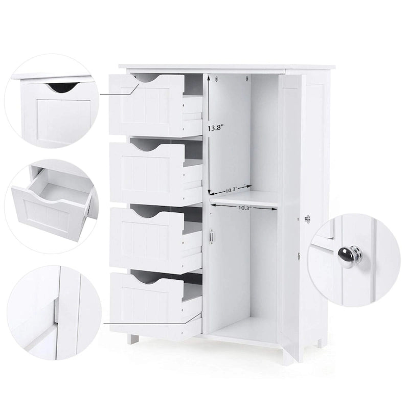White Bathroom Storage Cabinet with 4 Drawers and Adjustable Shelf