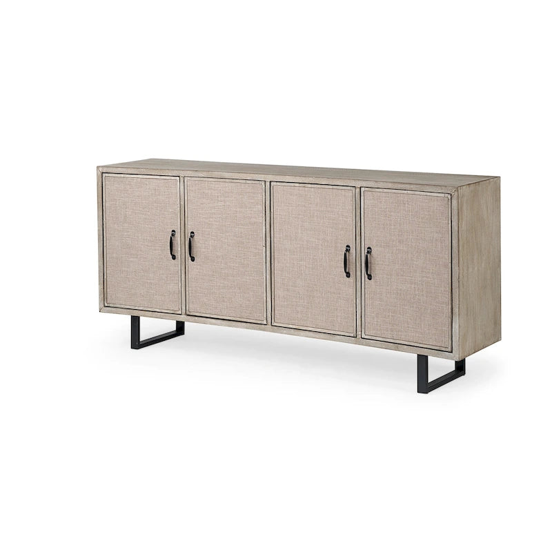 Brown Fir Wood Sideboard with Fabric-Covered Doors - 68 x 15.5 x 31.5 in
