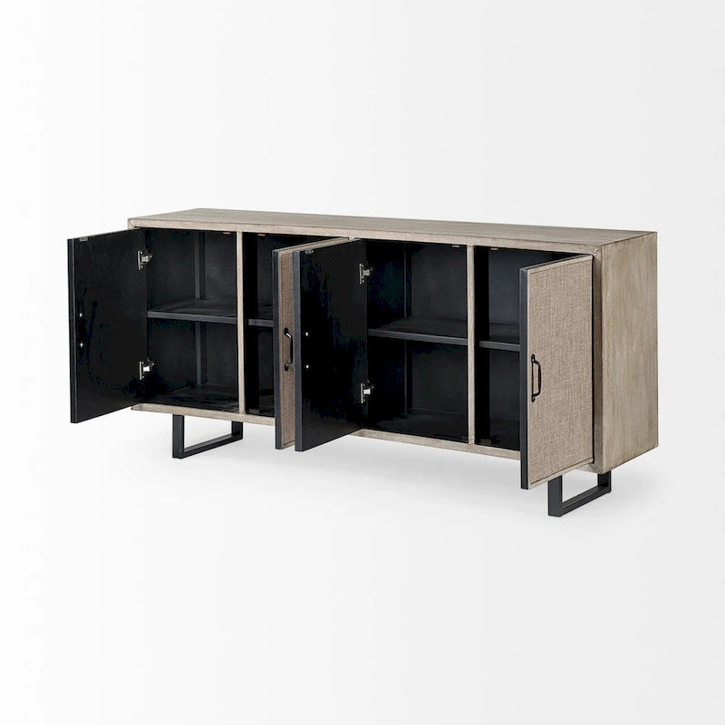 Brown Fir Wood Sideboard with Fabric-Covered Doors - 68 x 15.5 x 31.5 in