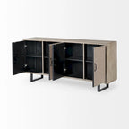 Brown Fir Wood Sideboard with Fabric-Covered Doors - 68 x 15.5 x 31.5 in