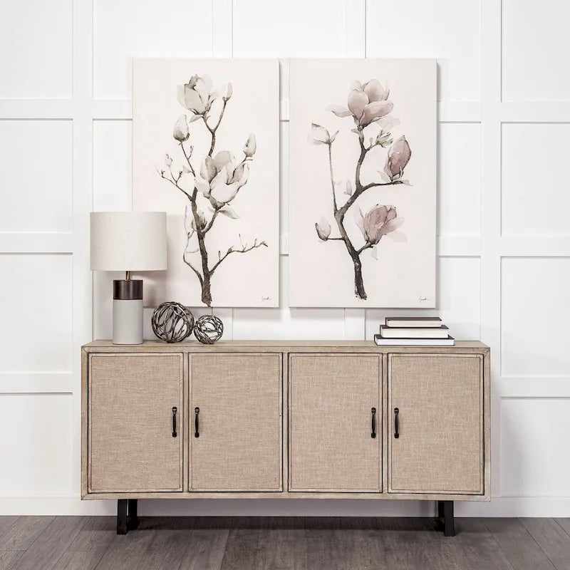 Brown Fir Wood Sideboard with Fabric-Covered Doors - 68 x 15.5 x 31.5 in