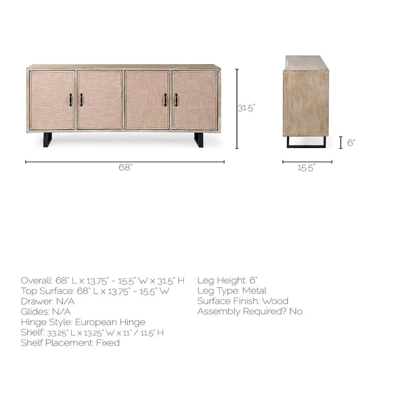 Brown Fir Wood Sideboard with Fabric-Covered Doors - 68 x 15.5 x 31.5 in
