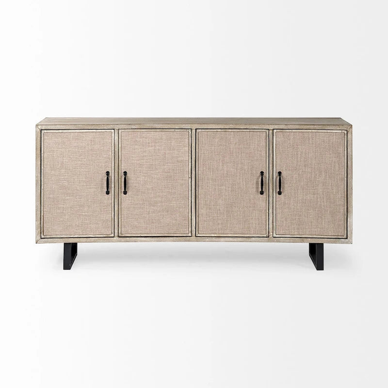 Brown Fir Wood Sideboard with Fabric-Covered Doors - 68 x 15.5 x 31.5 in