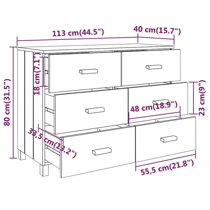 Solid Pine Sideboard with 6 Drawers - 44.5 x 15.7 x 31.5