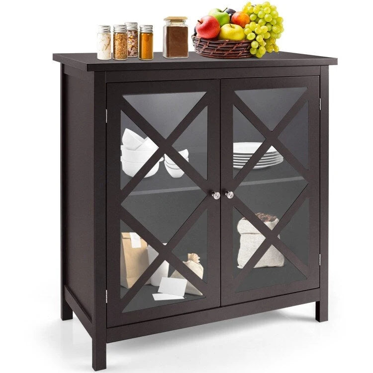 Buffet Storage Cabinet with Glass Doors and Adjustable Shelf