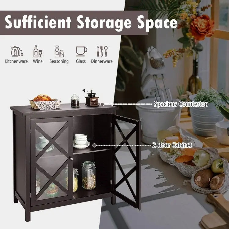 Buffet Storage Cabinet with Glass Doors and Adjustable Shelf