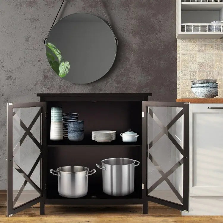 Buffet Storage Cabinet with Glass Doors and Adjustable Shelf