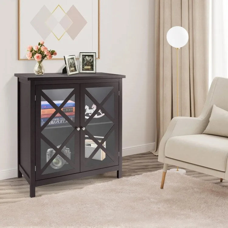 Buffet Storage Cabinet with Glass Doors and Adjustable Shelf