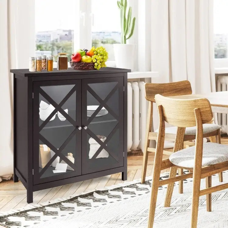 Buffet Storage Cabinet with Glass Doors and Adjustable Shelf