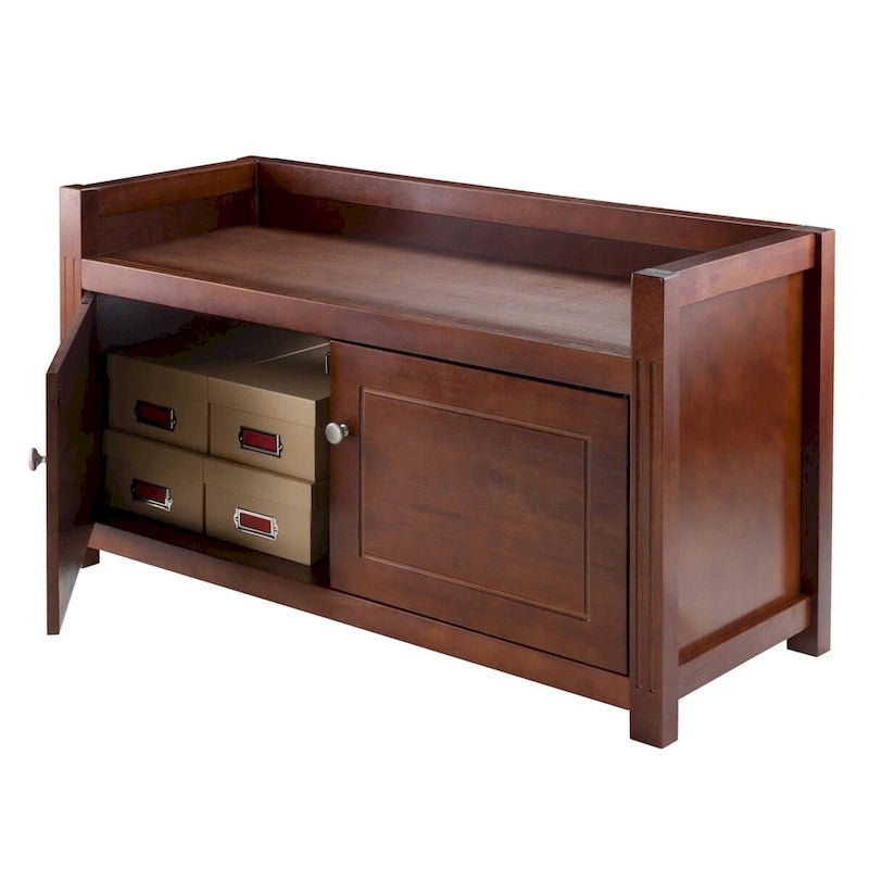 Walnut Storage Bench with Two Cabinets