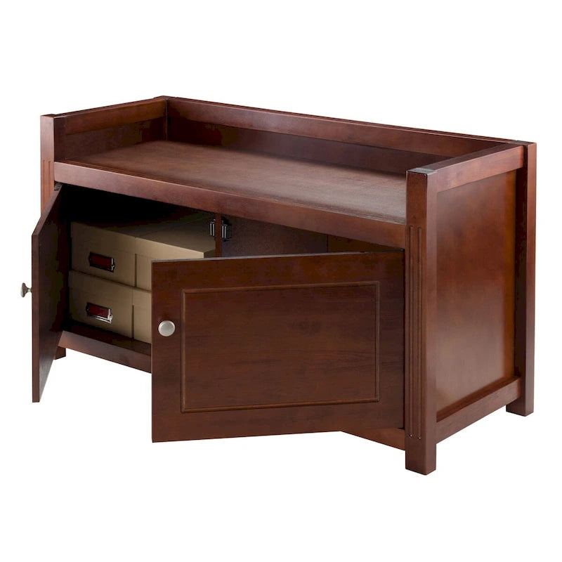 Walnut Storage Bench with Two Cabinets