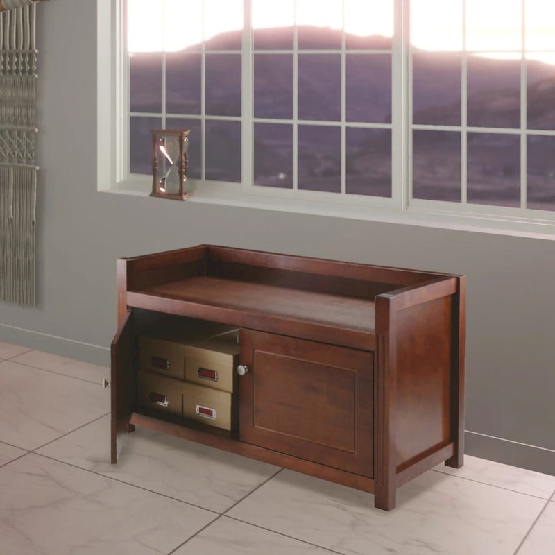 Walnut Storage Bench with Two Cabinets