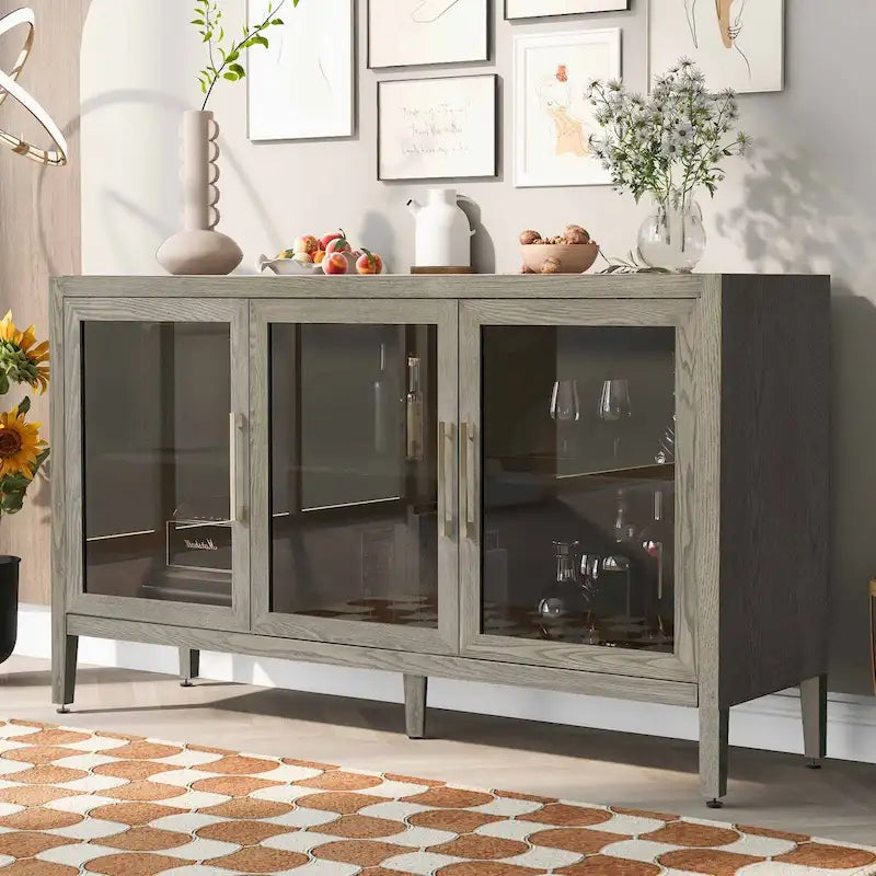 Wooden Storage Cabinet with 3 Glass Doors and Adjustable Shelves