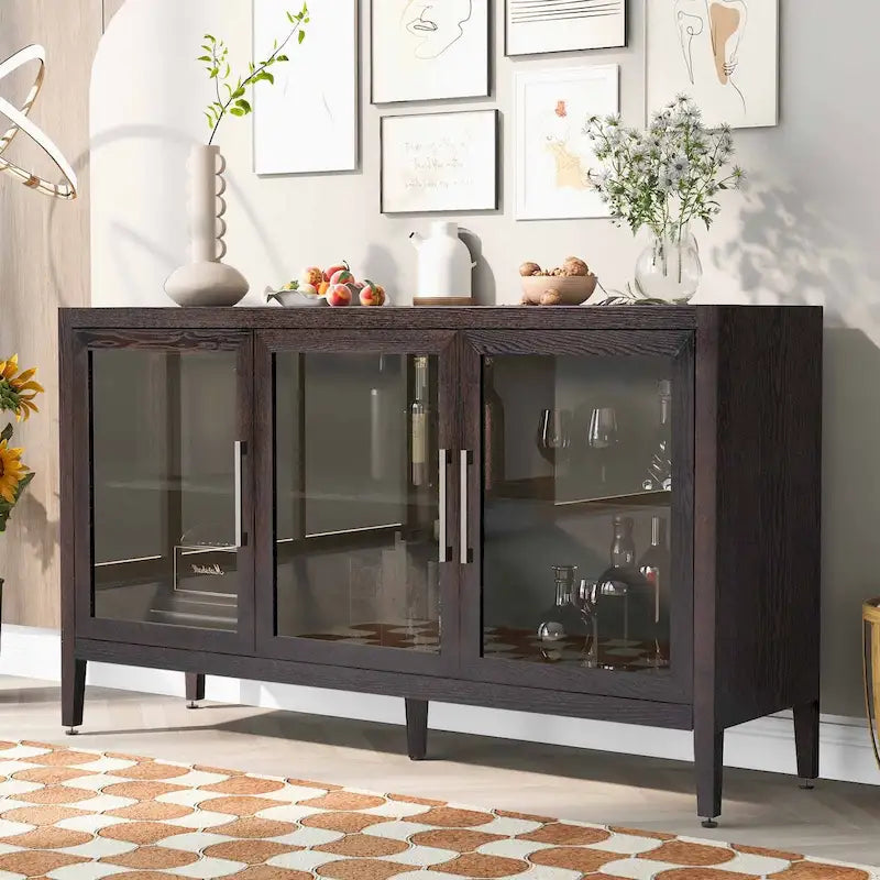 Wooden Storage Cabinet with 3 Glass Doors and Adjustable Shelves