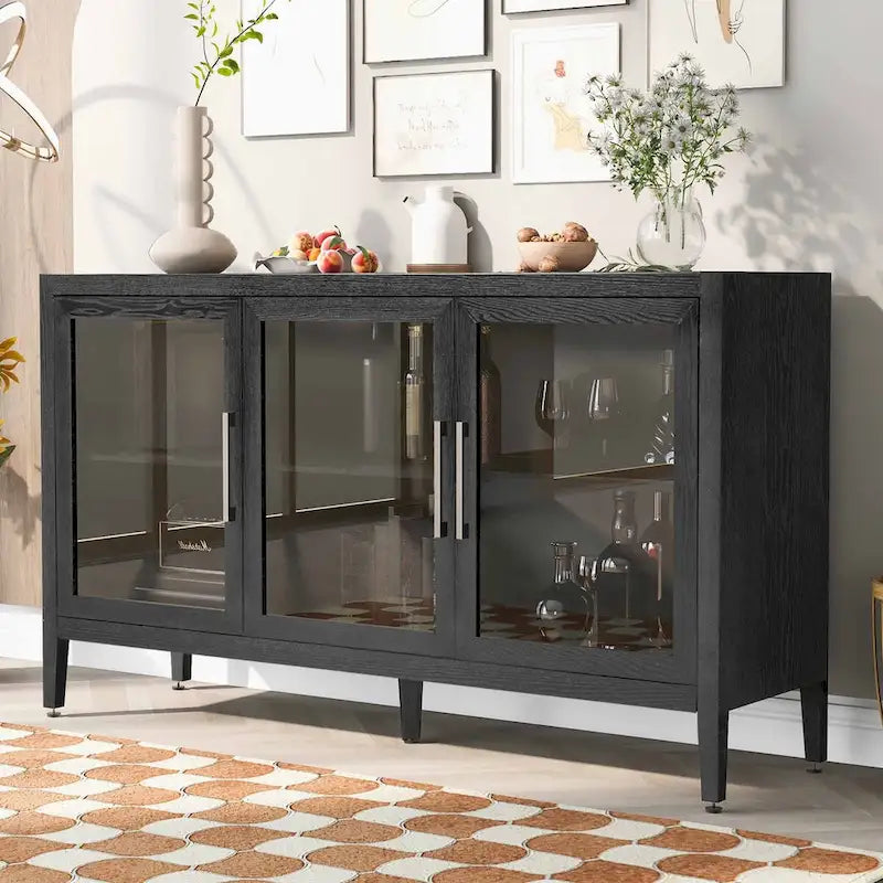 Wooden Storage Cabinet with 3 Glass Doors and Adjustable Shelves