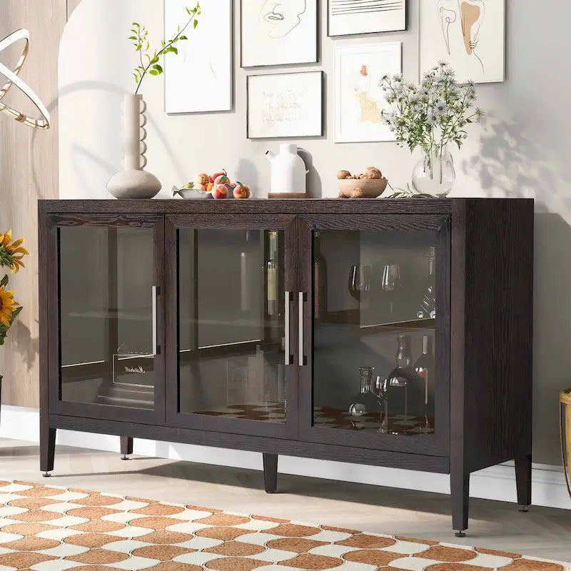 Wooden Storage Cabinet with 3 Glass Doors and Adjustable Shelves