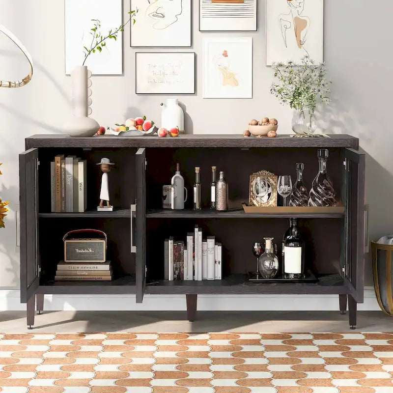 Wooden Storage Cabinet with 3 Glass Doors and Adjustable Shelves
