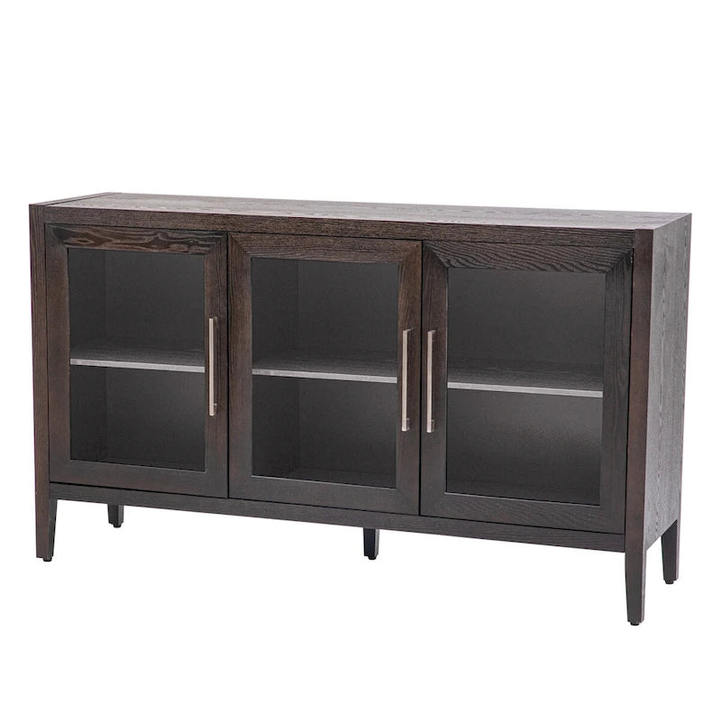 Wooden Storage Cabinet with 3 Glass Doors and Adjustable Shelves