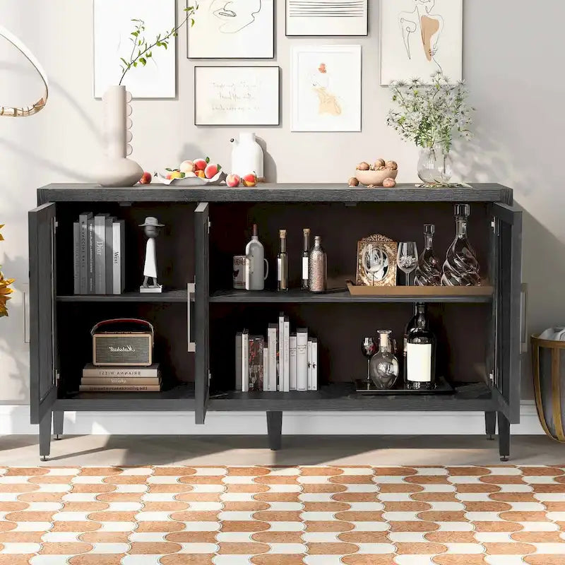 Wooden Storage Cabinet with 3 Glass Doors and Adjustable Shelves