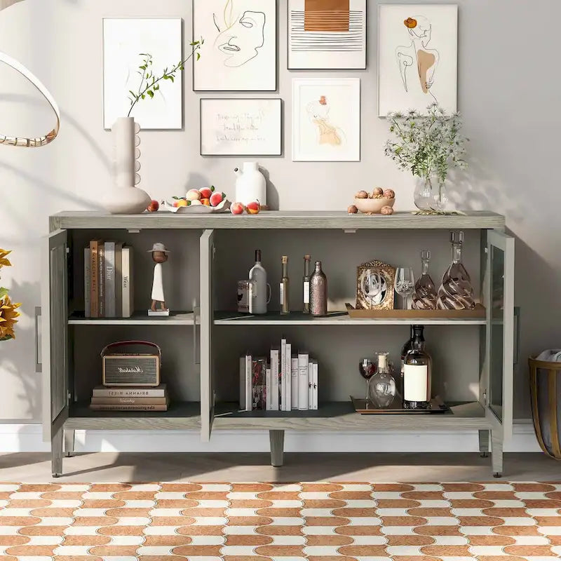 Wooden Storage Cabinet with 3 Glass Doors and Adjustable Shelves