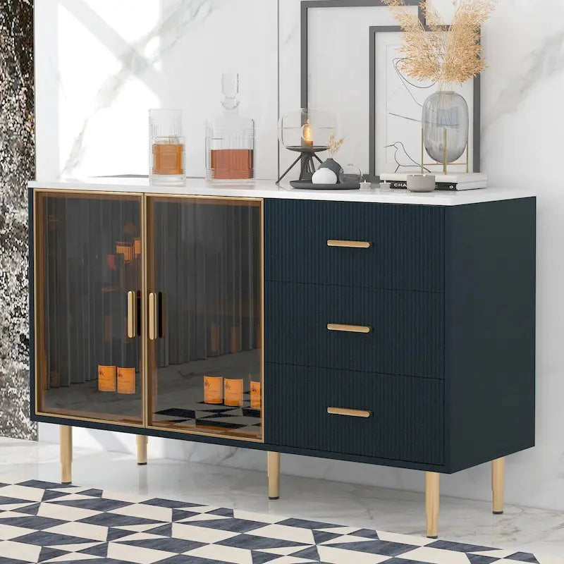 Navy Blue Sideboard with Glass Doors and 3 Drawers