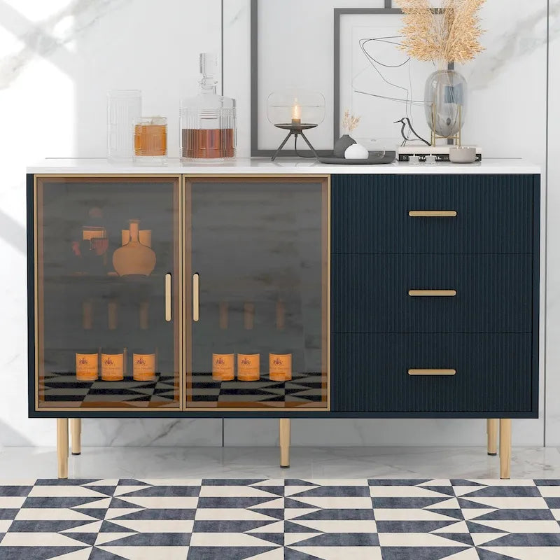 Navy Blue Sideboard with Glass Doors and 3 Drawers