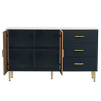 Marineblauw dressoir met glazen deuren en 3 laden